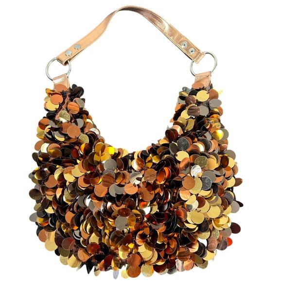 Y2K Glam Sparkle Orange Golden Fishscale Sequin Shoulder Bag zips- preowned - Picture 1 of 5